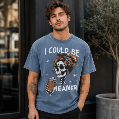 Dark Academia Skeleton Reader Graphic T-Shirt – “I Could Be Meaner” Gothic Coffee Casual Bookish Tee