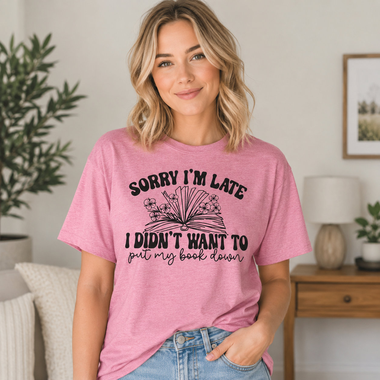 “Sorry I’m Late I Didn’t Want to Put My Book Down” Graphic Short Sleeve T-Shirt – Book Lover Cozy Reading Tee