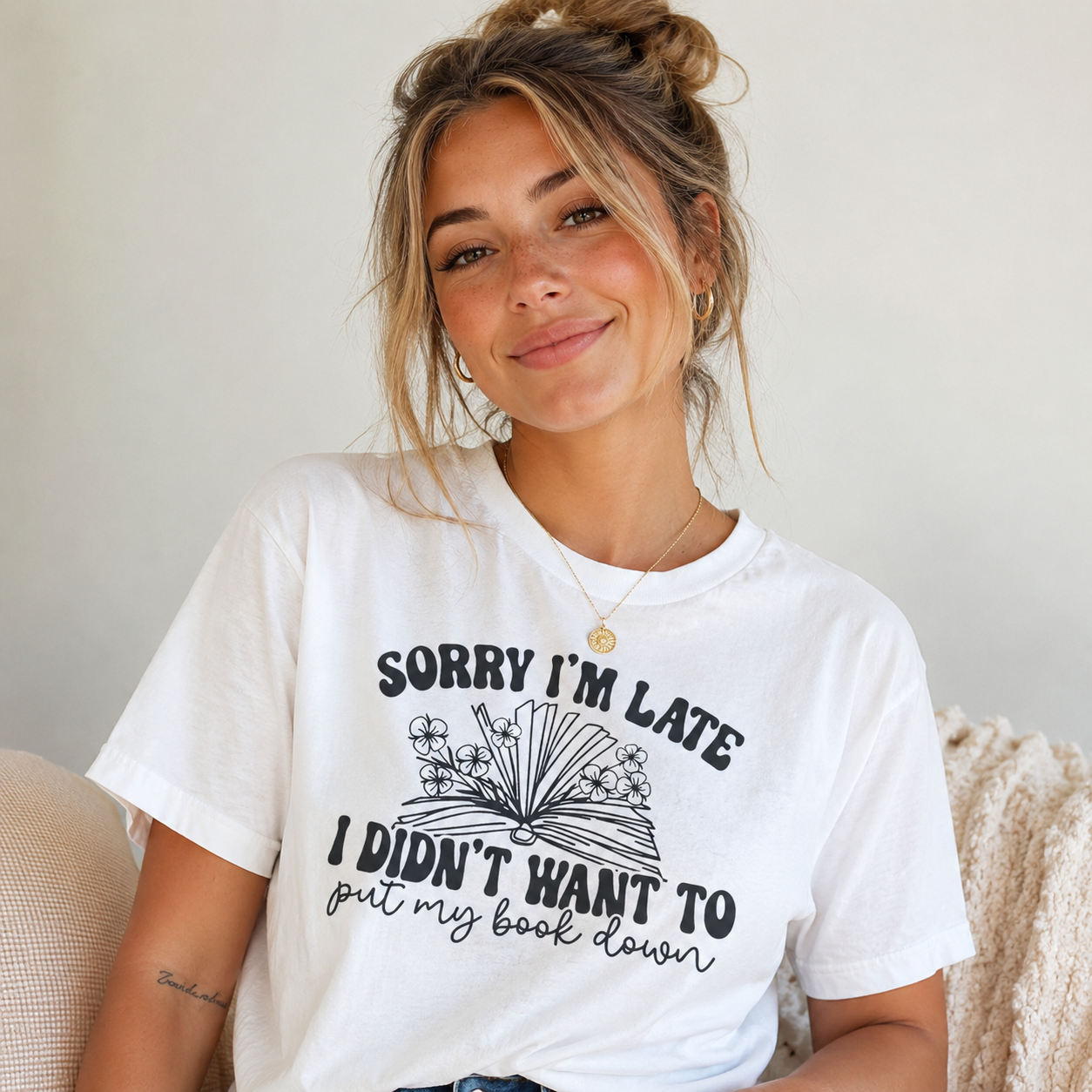 “Sorry I’m Late I Didn’t Want to Put My Book Down” Graphic Short Sleeve T-Shirt – Book Lover Cozy Reading Tee
