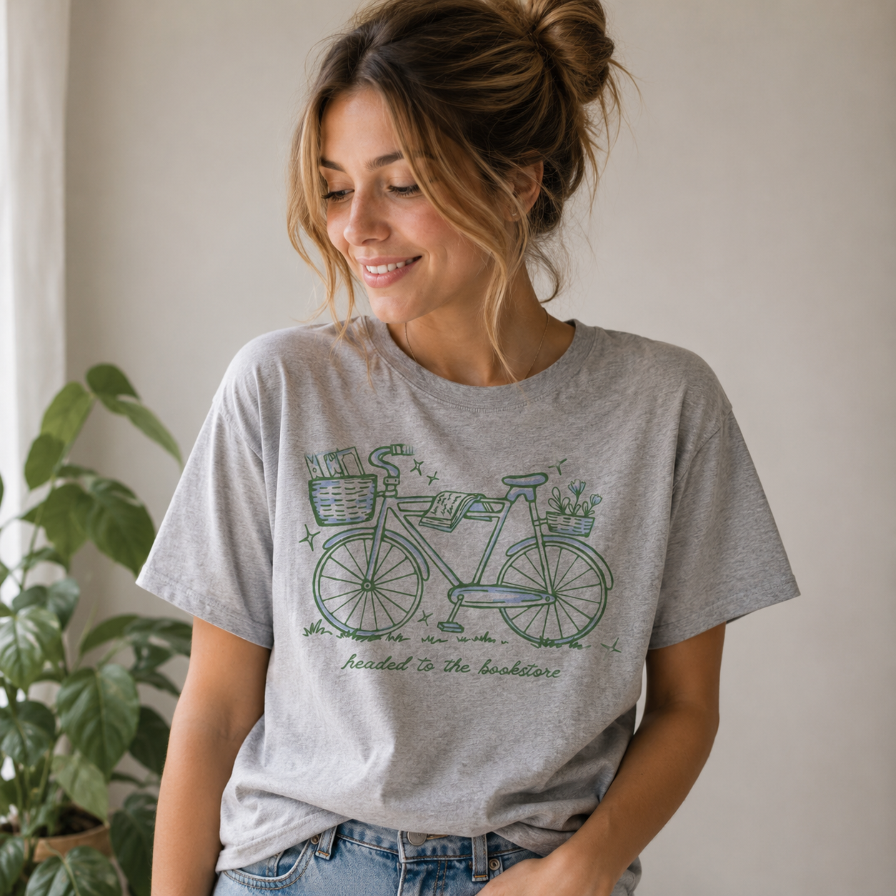 “Headed to the Bookstore” Green Bicycle Graphic Short Sleeve T-Shirt – Book Lover Casual Lifestyle Tee