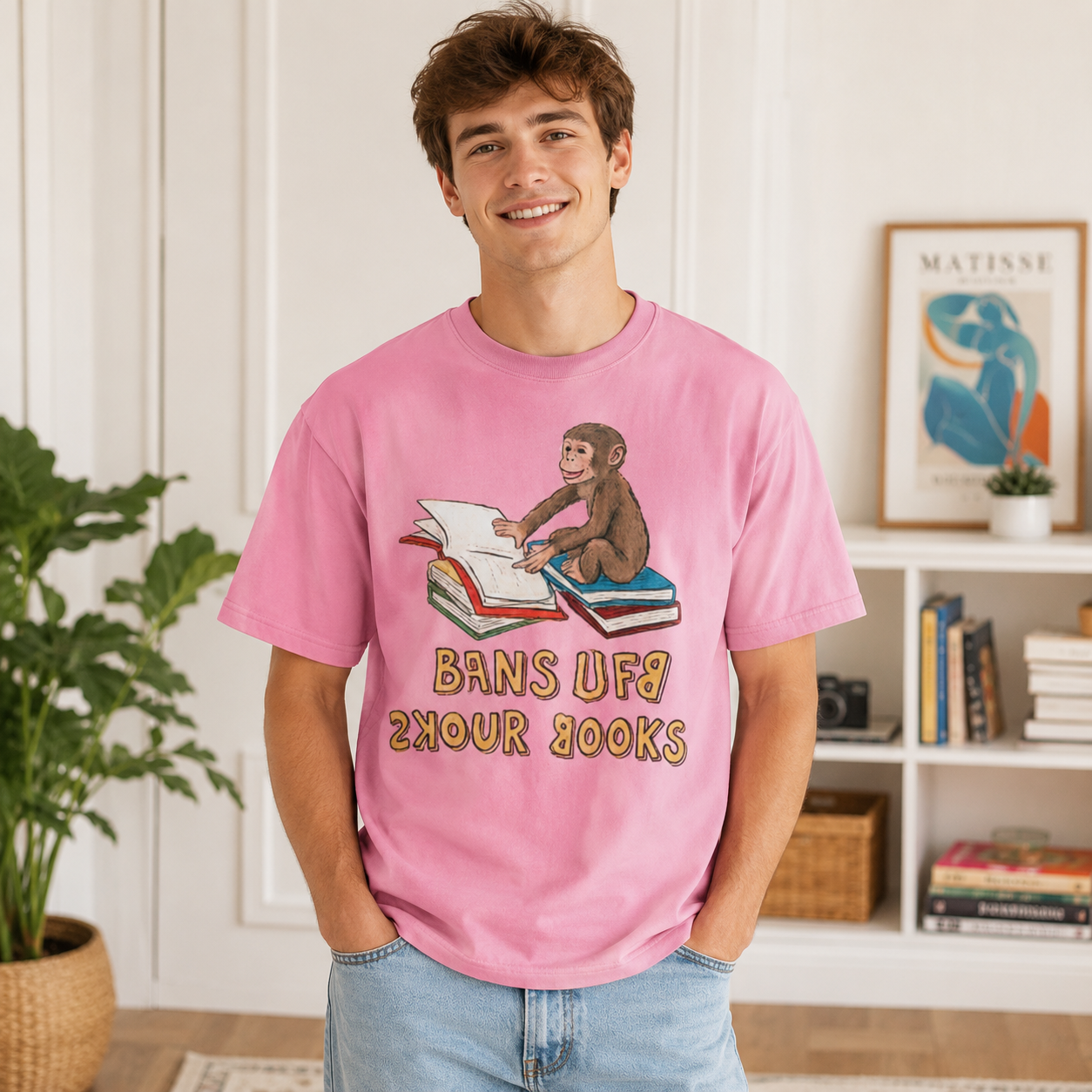 Playful Monkey Reading Books Graphic Short Sleeve T-Shirt – Funny Book Lover Casual Tee