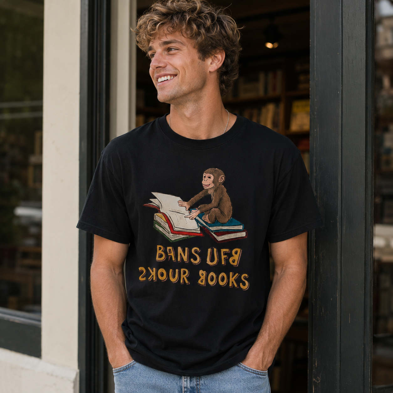 Playful Monkey Reading Books Graphic Short Sleeve T-Shirt – Funny Book Lover Casual Tee