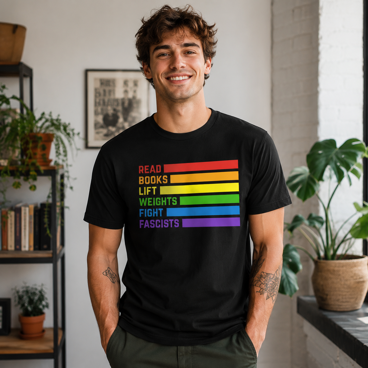 Rainbow Motivation “Read Books Lift Weights Fight Fascists” Graphic Short Sleeve T-Shirt – Book Lover & Fitness Statement Tee