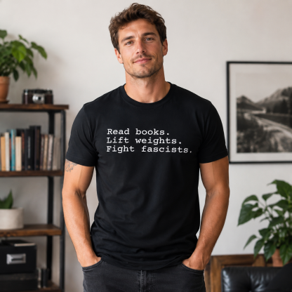 “Read Books Lift Weights” Statement Graphic Short Sleeve T-Shirt – Book Lover & Fitness Lifestyle Casual Tee