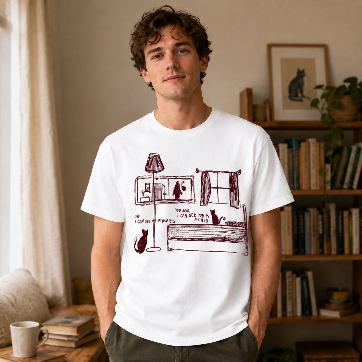 Cozy Cat Bedroom Sketch Graphic Short Sleeve T-Shirt – Book Lover Casual Reading Tee