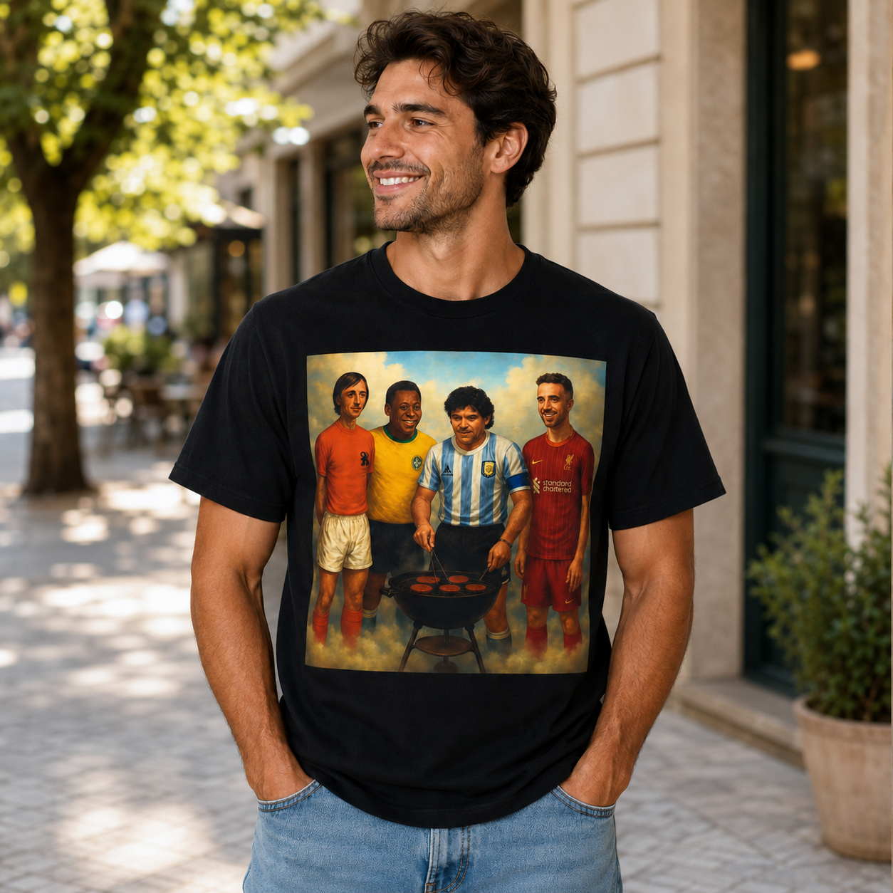 Retro Football Legends BBQ Graphic T-Shirt – Vintage Streetwear Sports Tee with Classic Player Illustration, Stadium Culture & Artistic Sports Poster Print