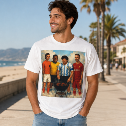 Retro Football Legends BBQ Graphic T-Shirt – Vintage Streetwear Sports Tee with Classic Player Illustration, Stadium Culture & Artistic Sports Poster Print