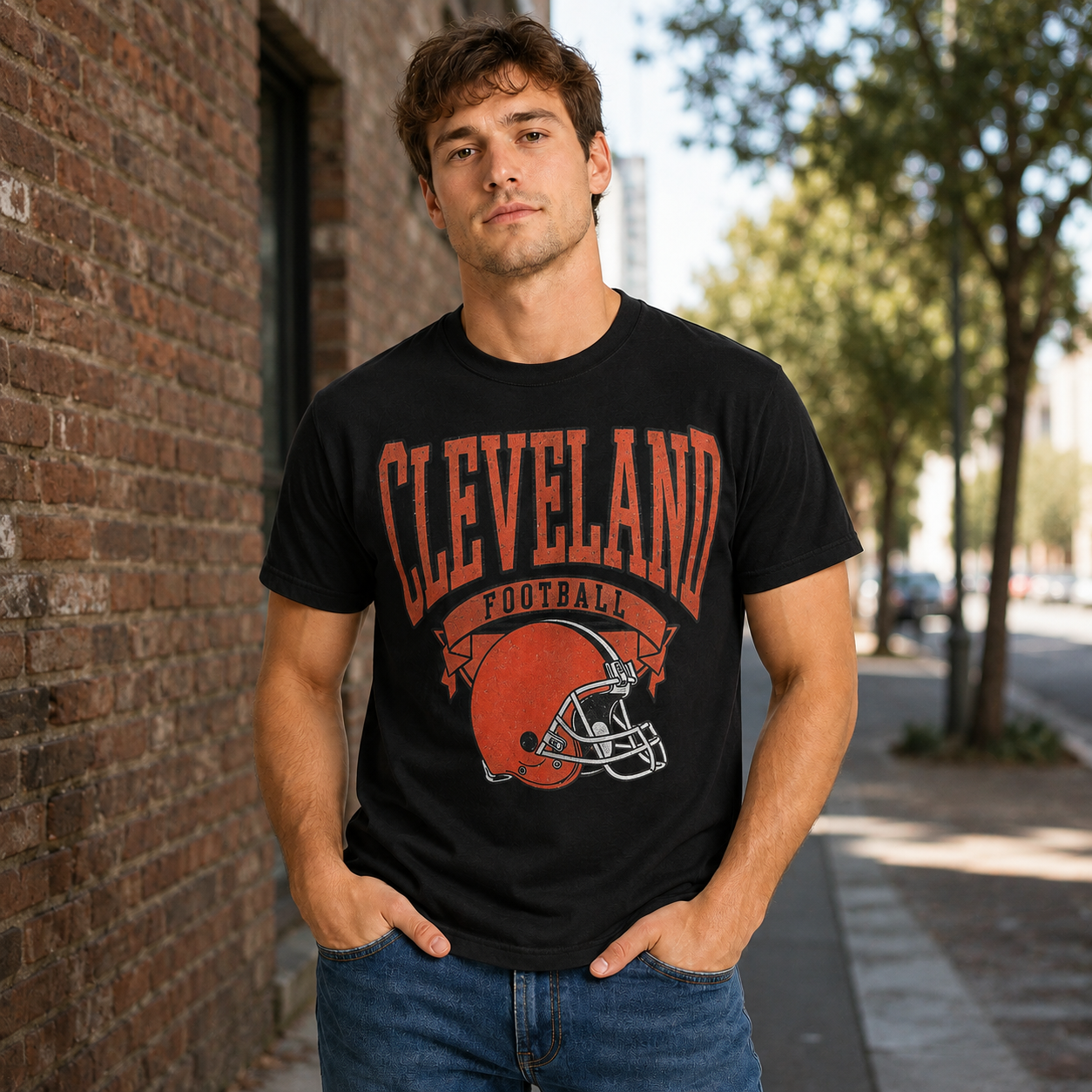 Cleveland-Inspired Football Graphic Athletic T-Shirt – Vintage Helmet Sports Streetwear Tee