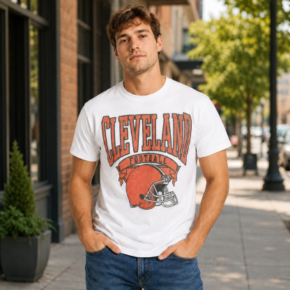 Cleveland-Inspired Football Graphic Athletic T-Shirt – Vintage Helmet Sports Streetwear Tee