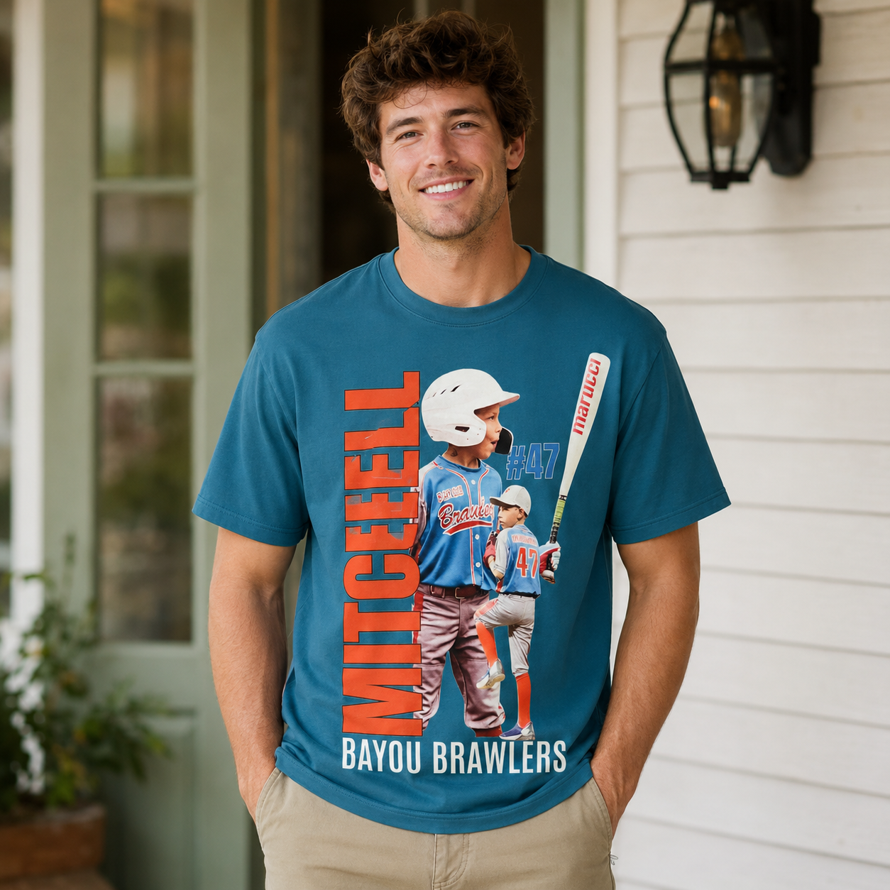 Youth Baseball Inspired “Bayou Brawlers #47” Graphic Athletic Short Sleeve T-Shirt