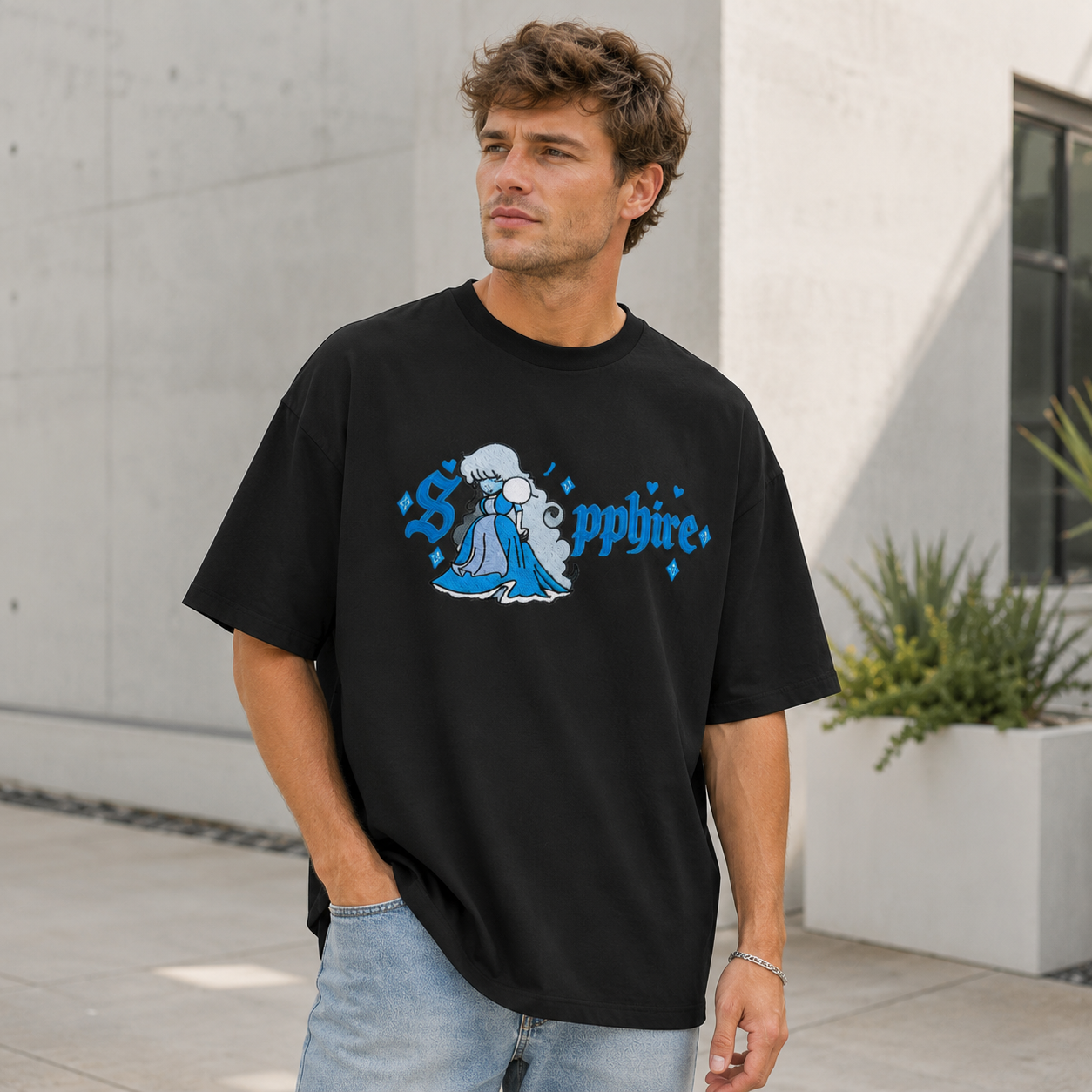 Princess-Inspired Blue Character Graphic T-Shirt with Gothic Typography Streetwear Unisex Casual Tee
