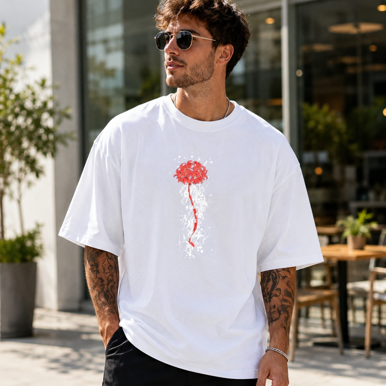 Dual-Sided Graphic Streetwear T-Shirt – Floral Minimal Front Design, Masked Character Back Illustration