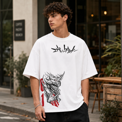 Mecha Warrior Dual-Sided Graphic Oversized Streetwear T-Shirt with Minimal Front Print