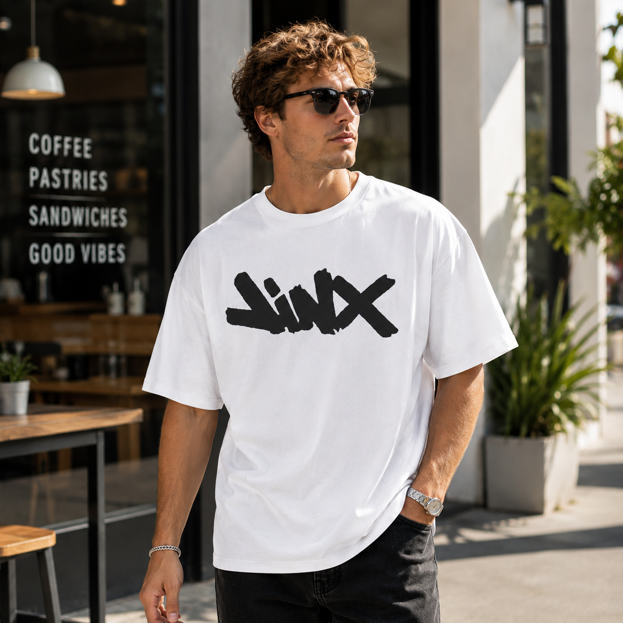 Graffiti Girl Back Print Oversized Streetwear T-Shirt with Minimal Front Logo