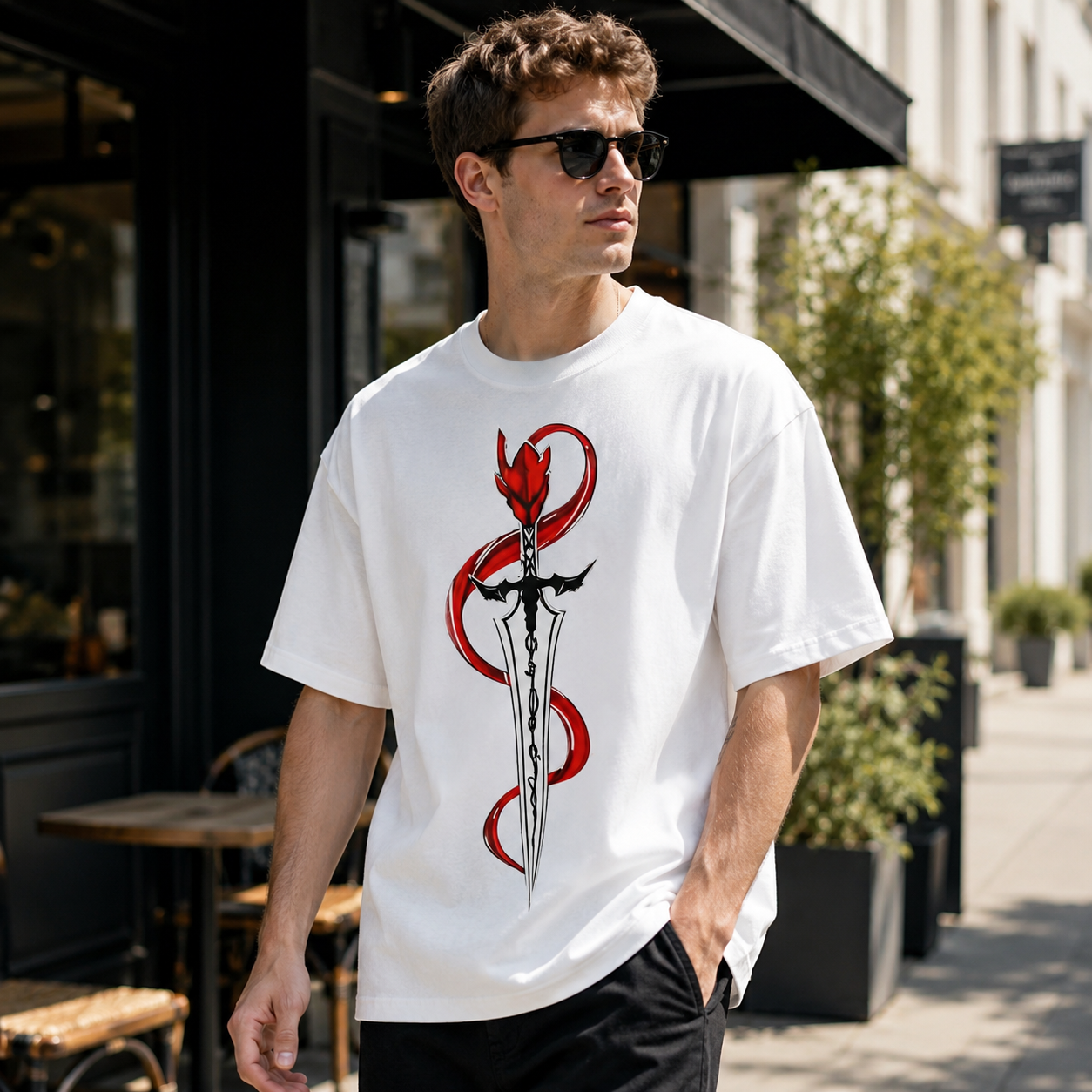 Crimson Cursed Blade Demon Warrior Dual-Sided Graphic Oversized Black Streetwear T-Shirt