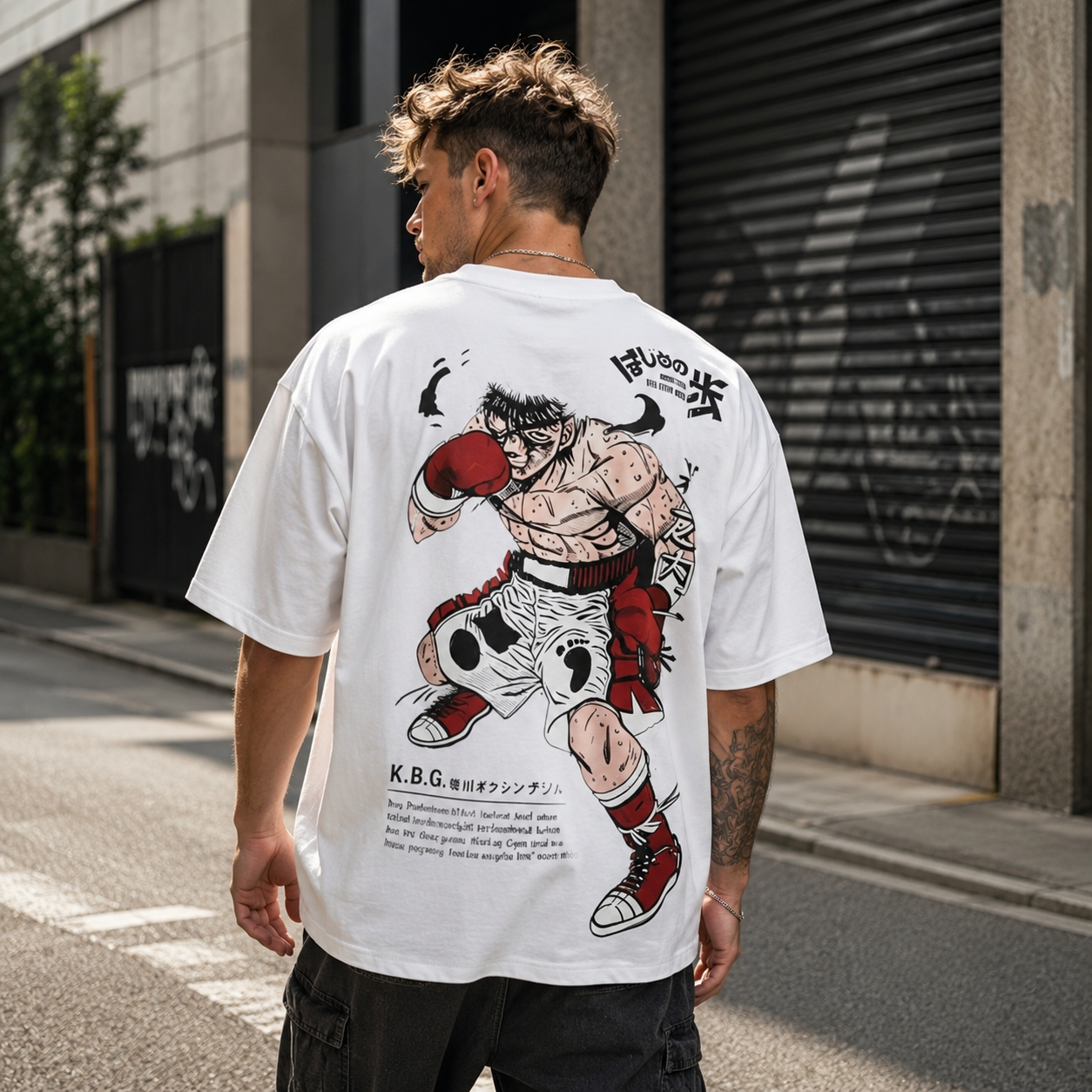 Vintage Martial Arts Fighter Graphic Back Print T-Shirt – Oversized Streetwear Cotton Tee with Boxing Illustration Design
