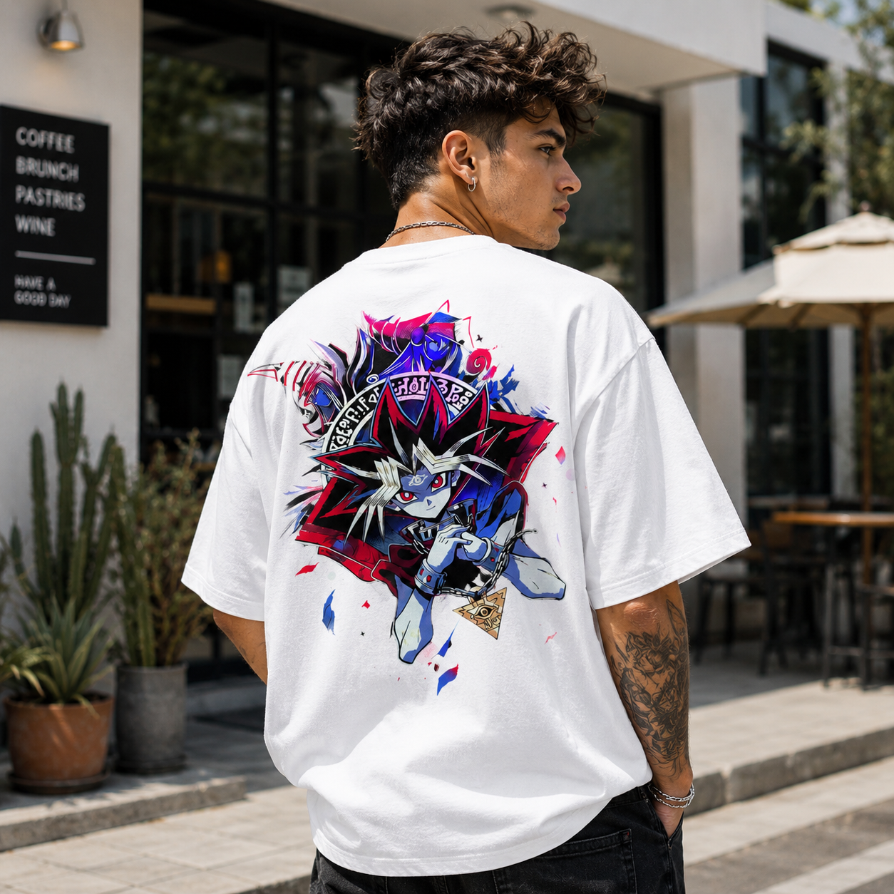Anime-Inspired Dark Duelist Graphic T-Shirt – Bold Streetwear Black Tee with Neon Fantasy Character Design