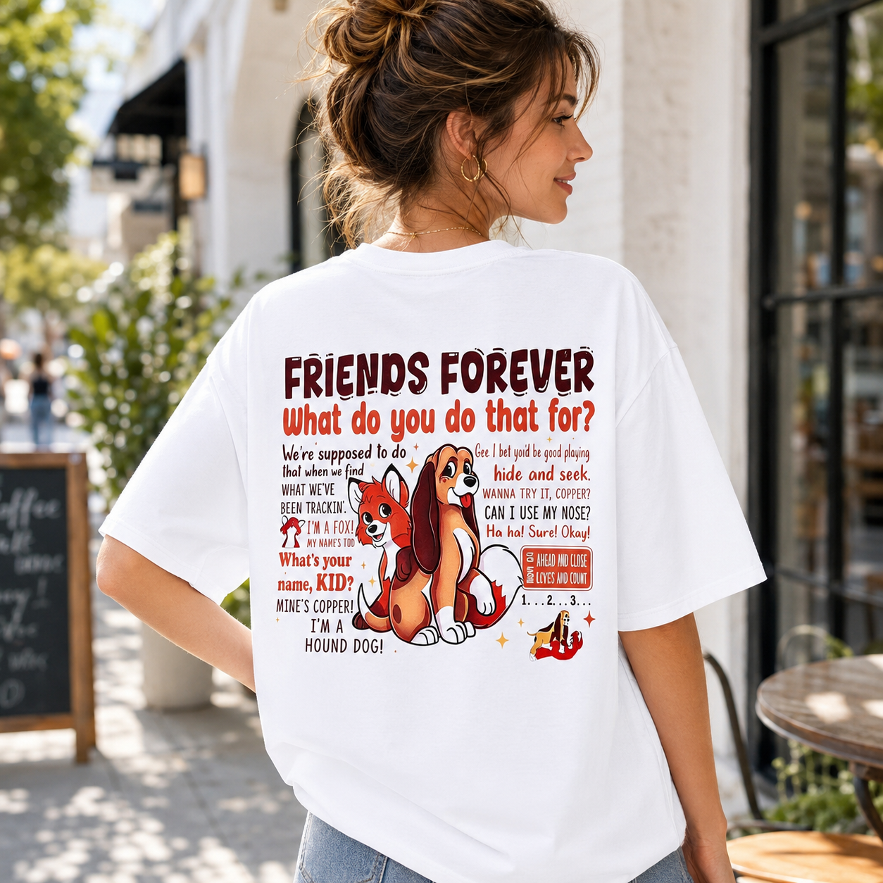 Whimsical Fox and Hound Friends Dual-Sided Graphic Oversized Streetwear T-Shirt