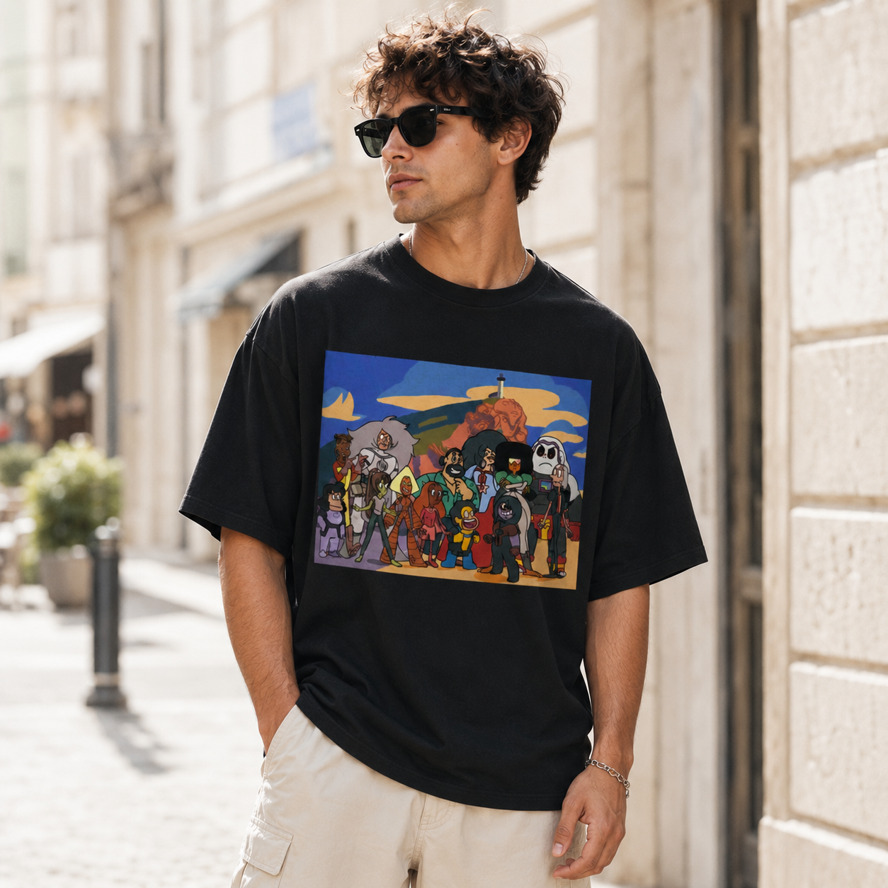 Vintage Cartoon Character Graphic T-Shirt – Oversized Streetwear Tee with Landscape Print