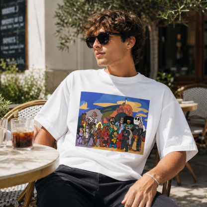 Vintage Cartoon Character Graphic T-Shirt – Oversized Streetwear Tee with Landscape Print