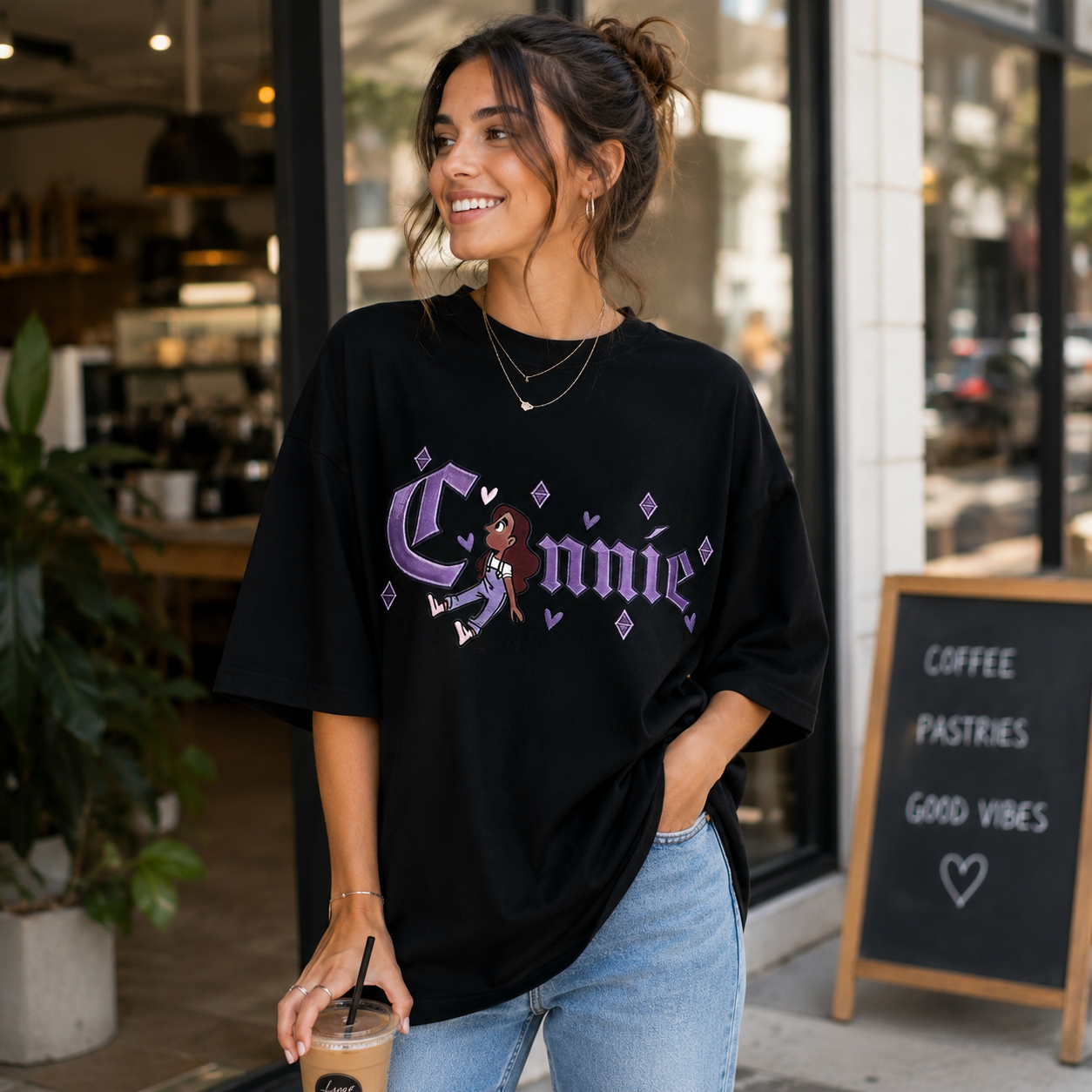 Embroidered Gothic Letter Cartoon Girl Graphic T-Shirt with Heart Accent Streetwear Women’s Casual Tee