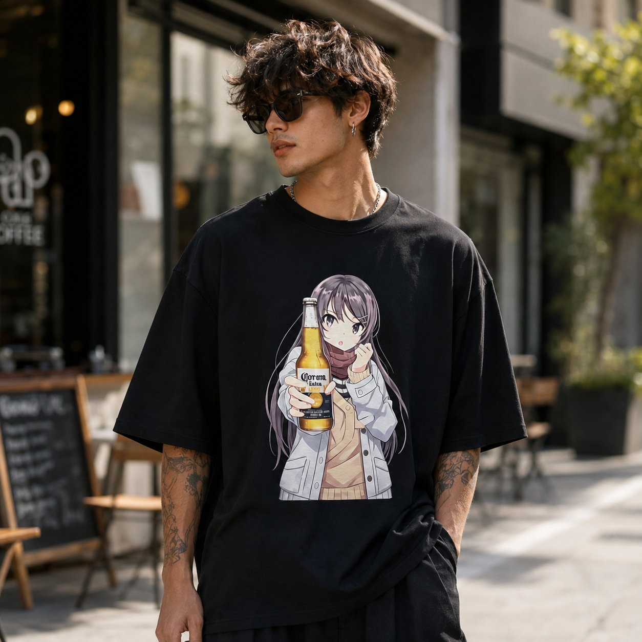 Anime Style Girl Holding Beer Bottle Graphic T-Shirt Casual Streetwear Tee