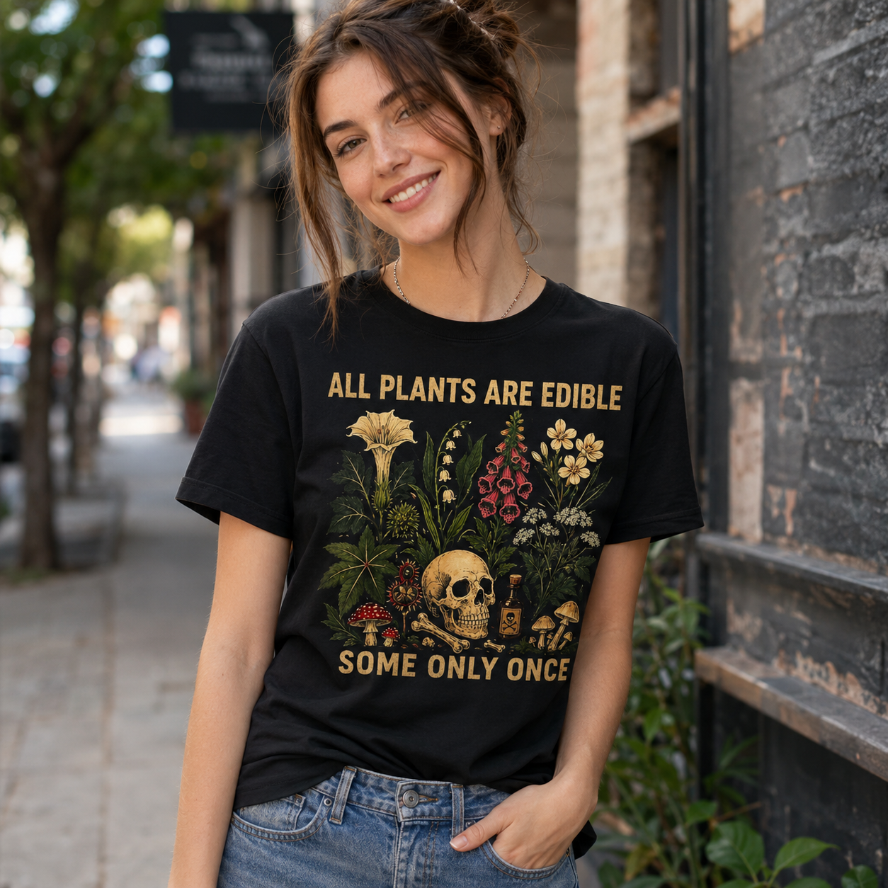 Vintage Botanical Skull Graphic Streetwear T-Shirt – Dark Nature Illustration Tee