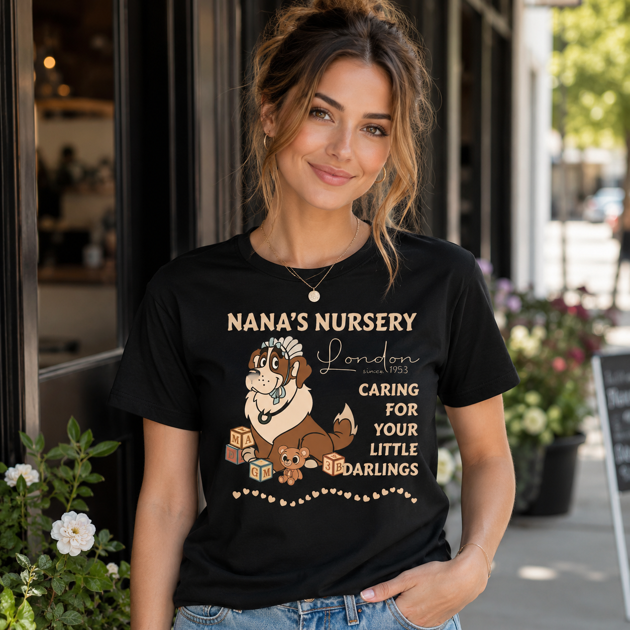 Vintage Nursery Dog Graphic T-Shirt with Retro Playful Character Artwork