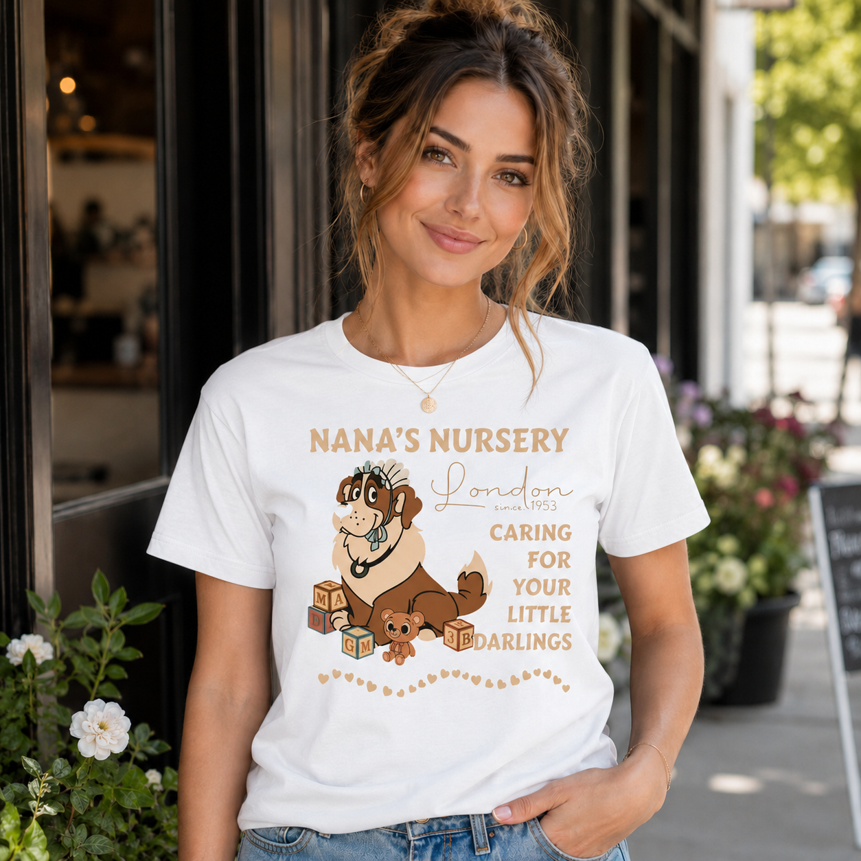 Vintage Nursery Dog Graphic T-Shirt with Retro Playful Character Artwork