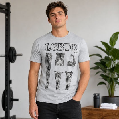 LGBTQ-Inspired Fitness Anatomy Graphic T-Shirt – Gym Streetwear Tee with Muscle Group Illustration (Legs, Glutes, Biceps, Triceps, Quads) Bodybuilding Educational Athletic Wear Design