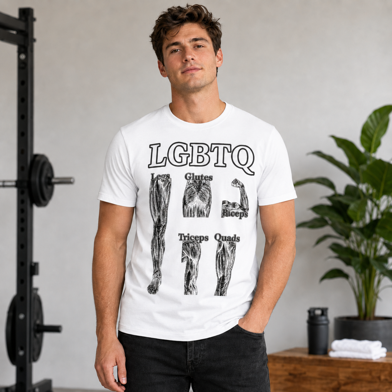 LGBTQ-Inspired Fitness Anatomy Graphic T-Shirt – Gym Streetwear Tee with Muscle Group Illustration (Legs, Glutes, Biceps, Triceps, Quads) Bodybuilding Educational Athletic Wear Design
