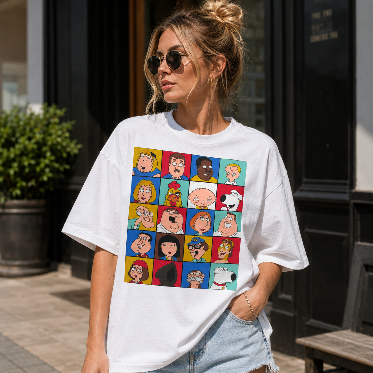 Retro Cartoon Character Portrait Grid Graphic T-Shirt for Men Casual Short Sleeve Tee