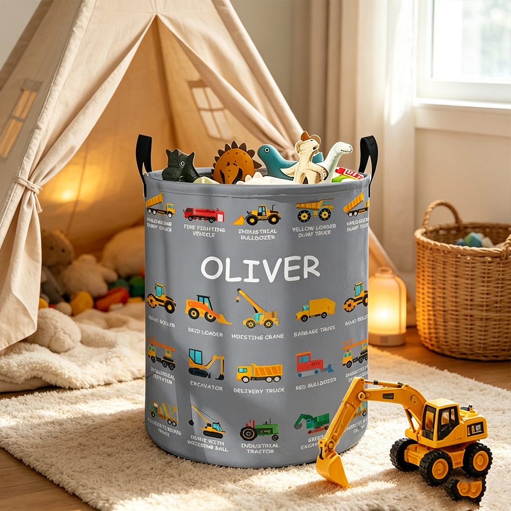 Personalized Construction Truck Waterproof Laundry Basket with Name, Excavator Bulldozer Vehicle Toy Storage Bin, Nursery Hamper Gift for Boys Kids