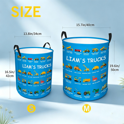 Personalized Construction Truck Waterproof Laundry Basket with Name, Excavator Bulldozer Vehicle Toy Storage Bin, Nursery Hamper Gift for Boys Kids