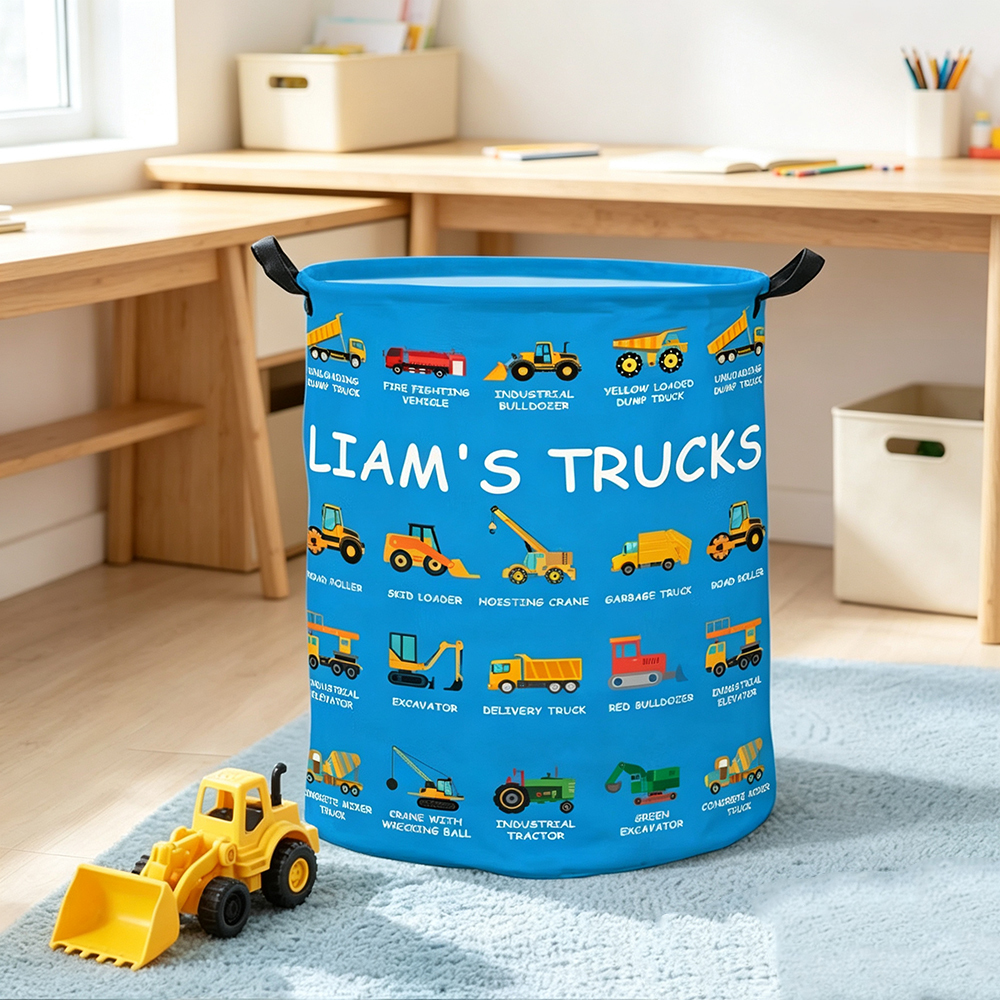 Personalized Construction Truck Waterproof Laundry Basket with Name, Excavator Bulldozer Vehicle Toy Storage Bin, Nursery Hamper Gift for Boys Kids