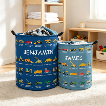 Personalized Construction Truck Waterproof Laundry Basket with Name, Excavator Bulldozer Vehicle Toy Storage Bin, Nursery Hamper Gift for Boys Kids