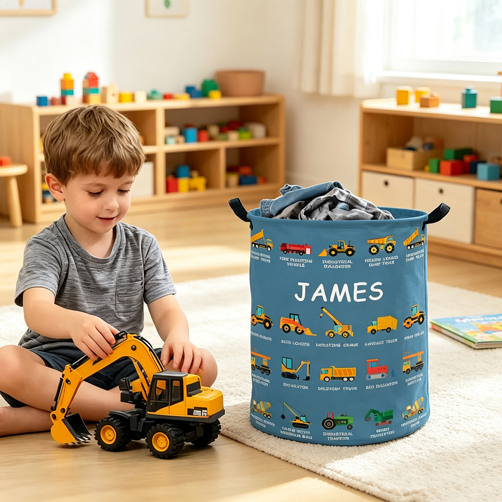 Personalized Construction Truck Waterproof Laundry Basket with Name, Excavator Bulldozer Vehicle Toy Storage Bin, Nursery Hamper Gift for Boys Kids
