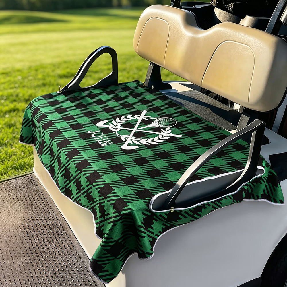 Personalized Plaid Golf Cart Seat Cover with Golf Club Wreath, Custom Name & Initial Golf Cart Accessory, Gift for Golfers