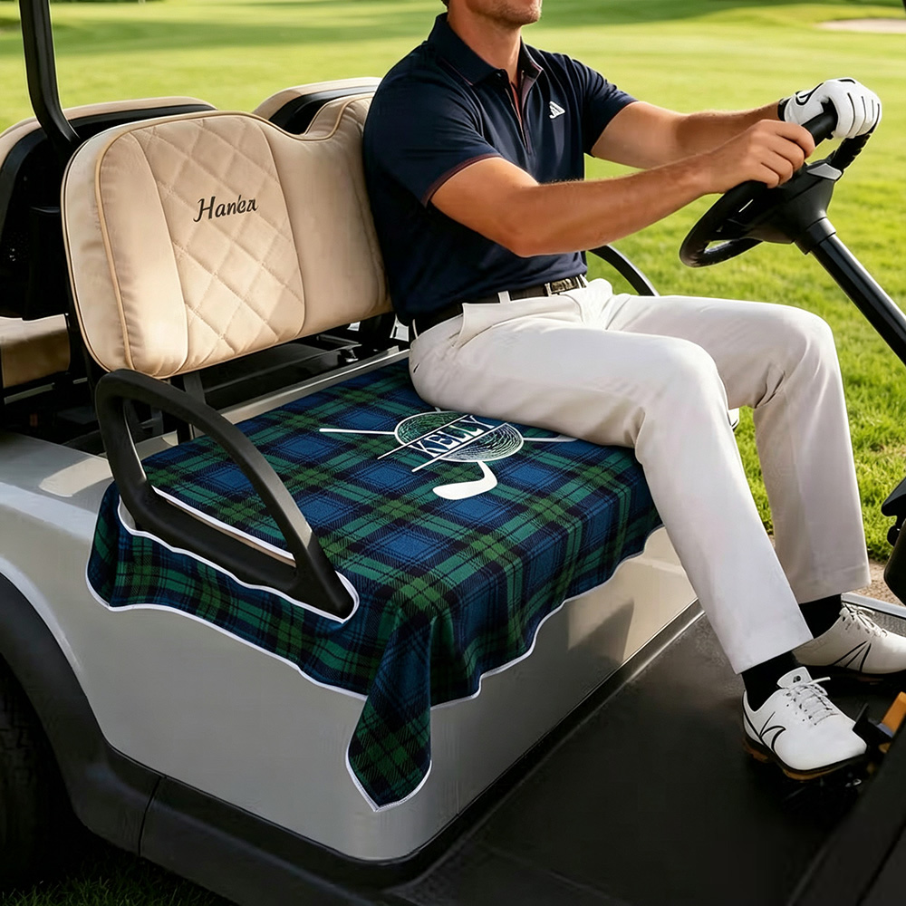 Personalized Plaid Golf Cart Seat Cover with Golf Club Wreath, Custom Name & Initial Golf Cart Accessory, Gift for Golfers