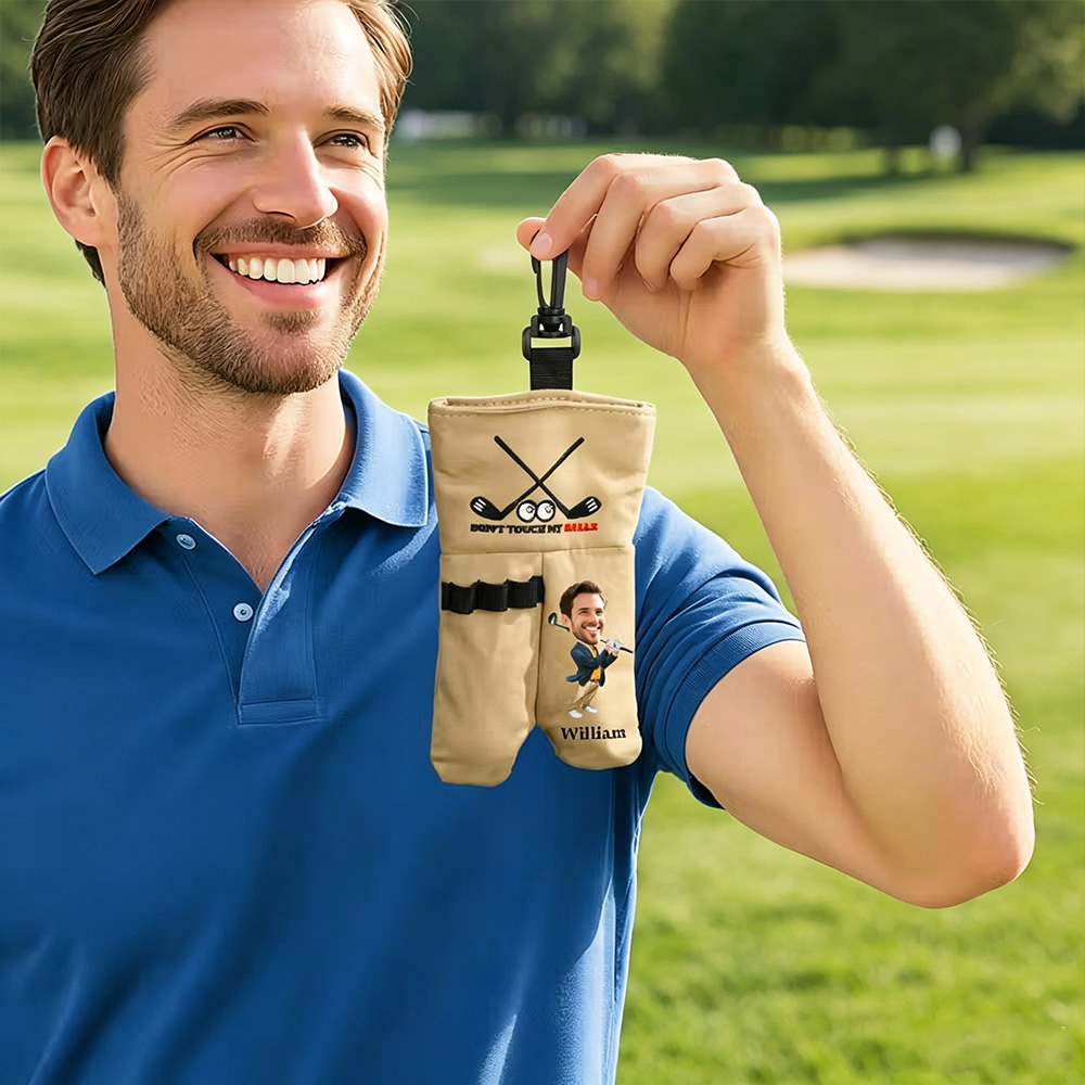 Personalized Cartoon Face Golf Ball Bag, Custom Photo Golf Ball Pouch with Name, Golf Gift for Golf Lovers