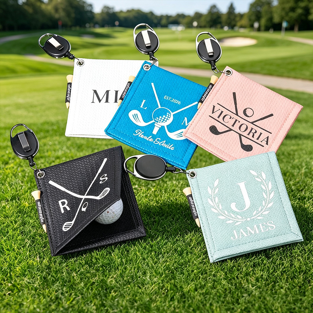 Personalized Leather Golf Towel with Retractable Clip & Golf Tees, Custom Absorbent Golf Towel, Gift for Golf Lovers