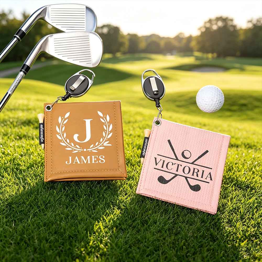 Personalized Leather Golf Towel with Retractable Clip & Golf Tees, Custom Absorbent Golf Towel, Gift for Golf Lovers