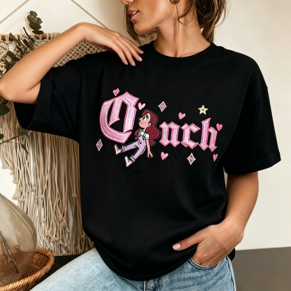 Gothic Pink Letter Cartoon Girl Graphic T-Shirt with Heart and Star Accent Women’s Streetwear Tee