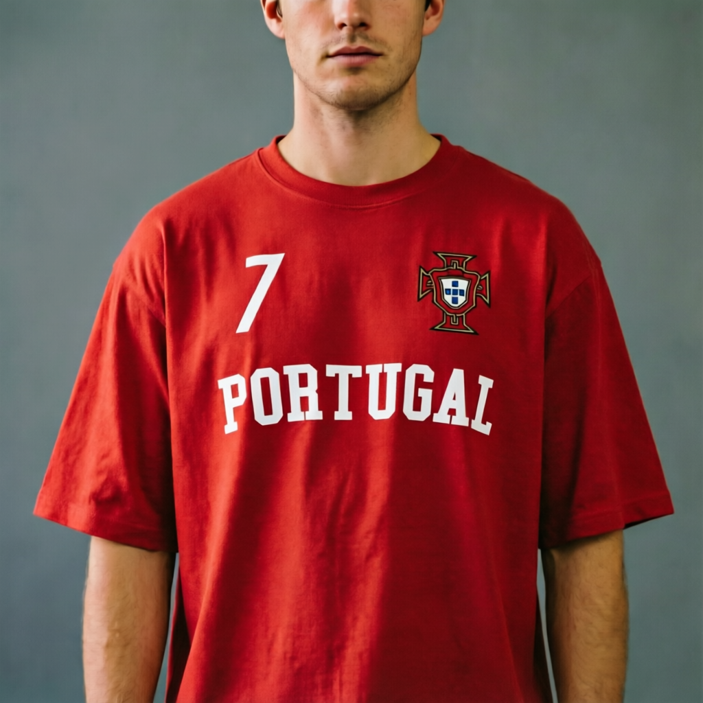 Portugal National Team CR7 #7 Retro-Style Graphic Soccer T-Shirt — A streetwear-inspired tee blending retro jersey aesthetics.