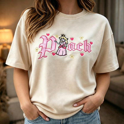 Gothic Pink Letter Cartoon Girl Graphic T-Shirt with Heart and Star Accent Women’s Streetwear Tee