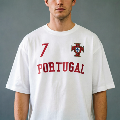 Portugal National Team CR7 #7 Retro-Style Graphic Soccer T-Shirt — A streetwear-inspired tee blending retro jersey aesthetics.