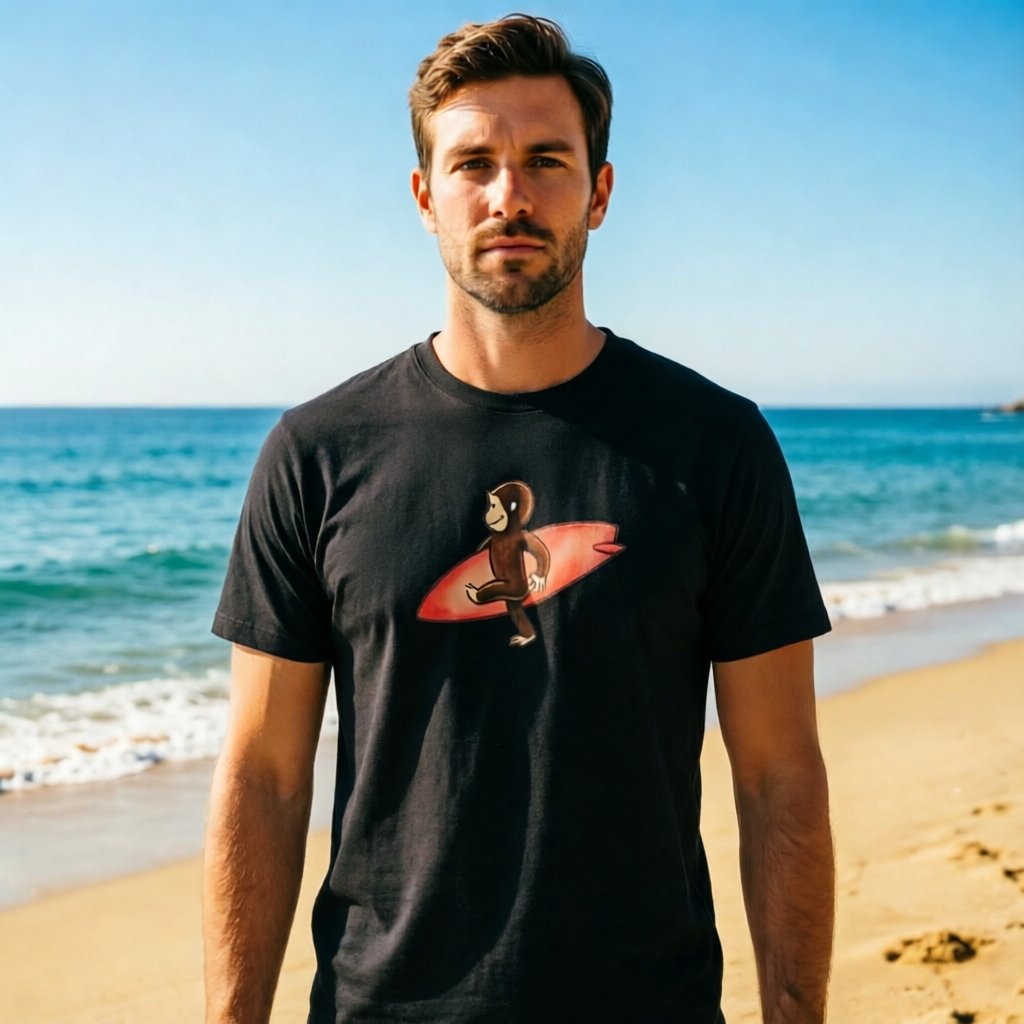 Surf Monkey Graphic Athletic Short Sleeve T-Shirt – Beach Style Casual Sports Tee