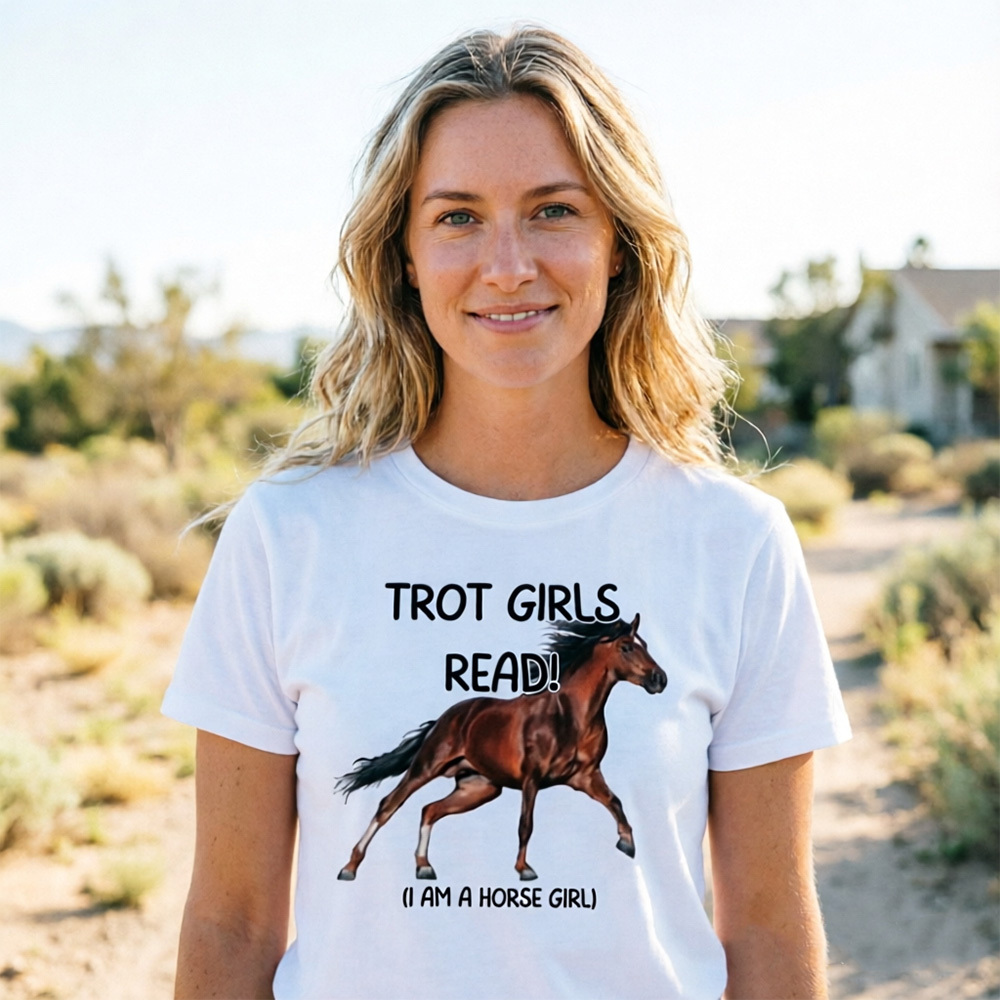 “Trot Girls Read!” Horse Girl Book Lover Graphic T-Shirt – Equestrian Reading Club Tee