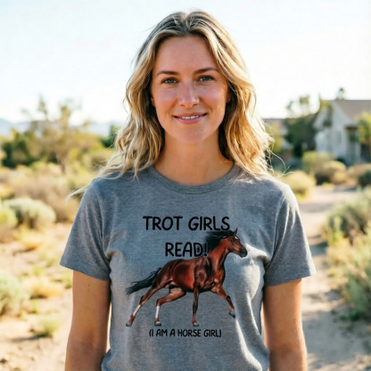 “Trot Girls Read!” Horse Girl Book Lover Graphic T-Shirt – Equestrian Reading Club Tee