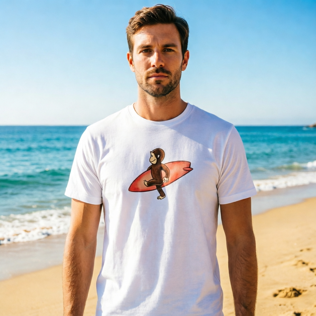 Surf Monkey Graphic Athletic Short Sleeve T-Shirt – Beach Style Casual Sports Tee